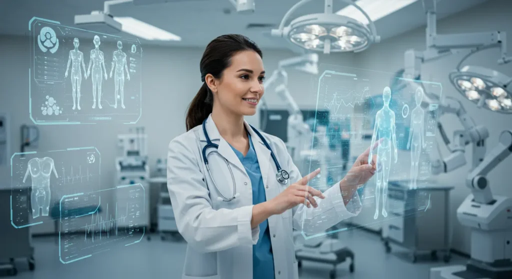 A beautiful, confident female doctor in a modern medical facility, surrounded by futuristic technology like holographic health monitors, wearable health devices, and robotic surgery equipment. She is smiling warmly while interacting with a digital screen displaying patient data. The environment is clean, bright, and high-tech, symbolizing how technology has advanced healthcare. Emphasize modern health innovation, care, and a hopeful atmosphere.